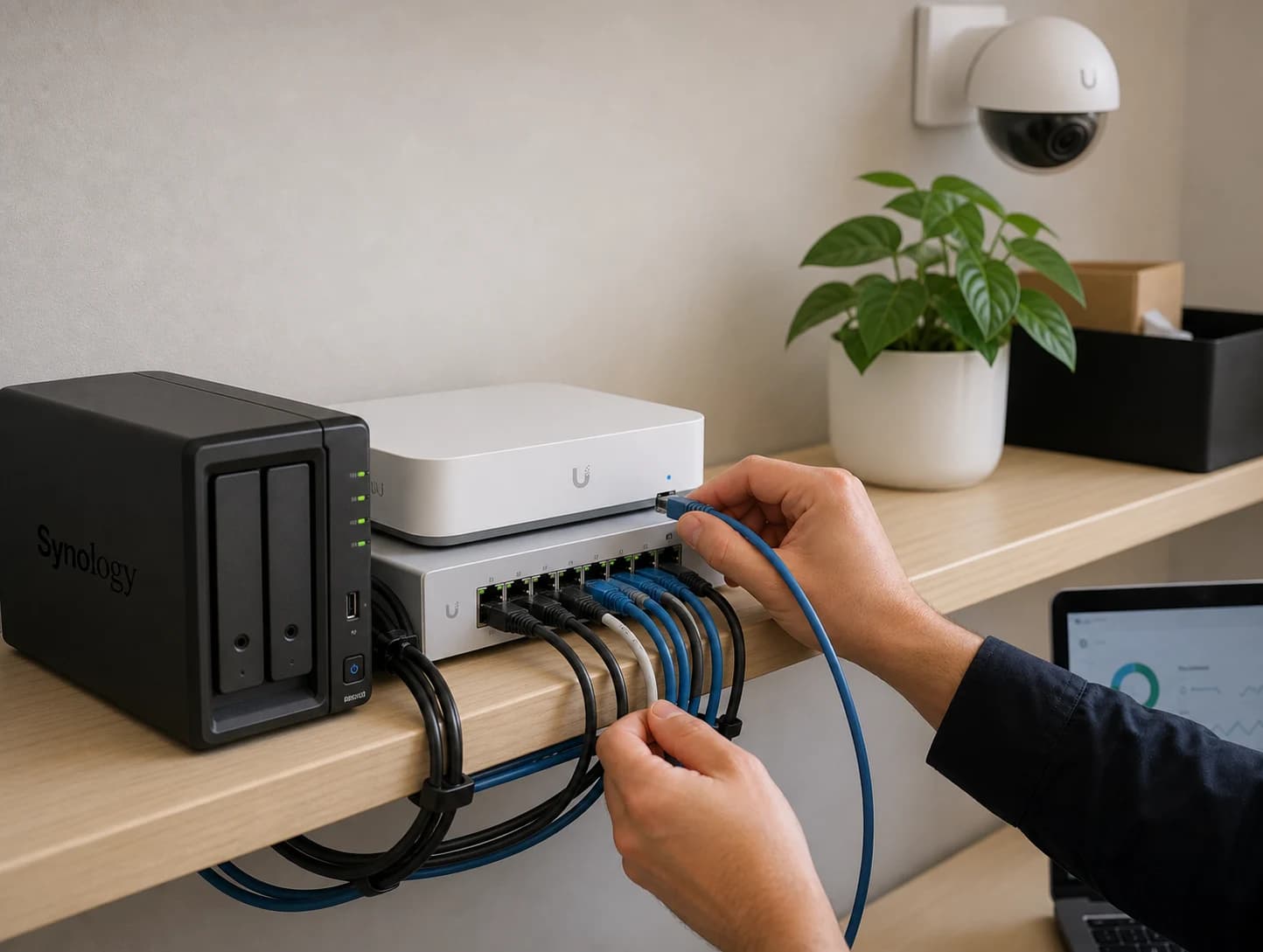 A technician carefully connecting a small business network