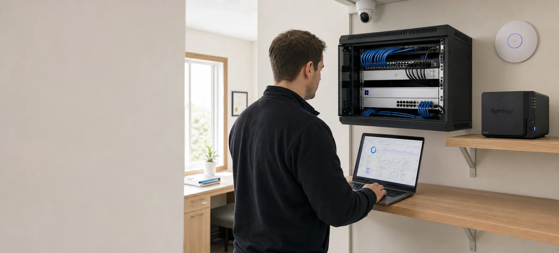 A technician checking an office network rack and storage from a laptop